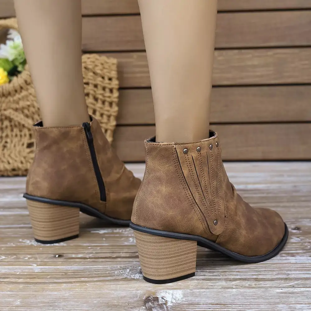 Tiered Point Toe Block Heels Boots