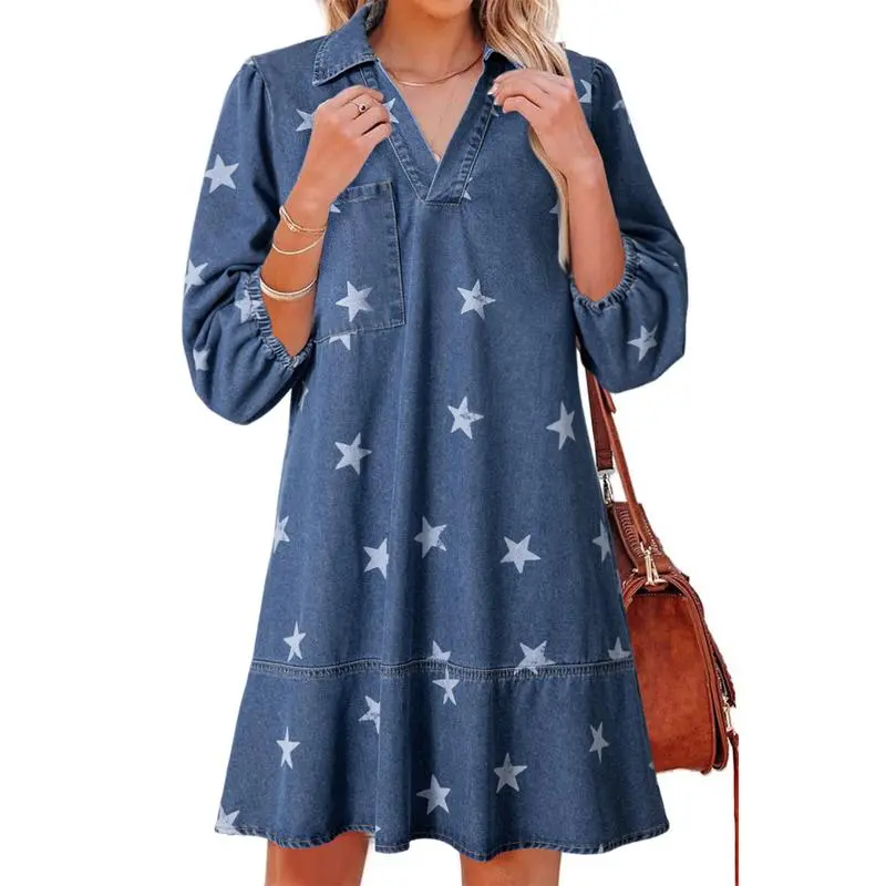 Women Fashion Fall Casual Babydoll 2025 V Neck 3/4 Puff Sleeve Jean Dresses