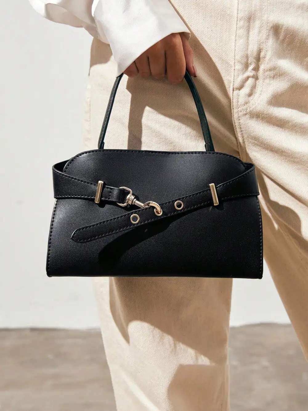 PU Leather Buckle Spiked Top Handle Bag