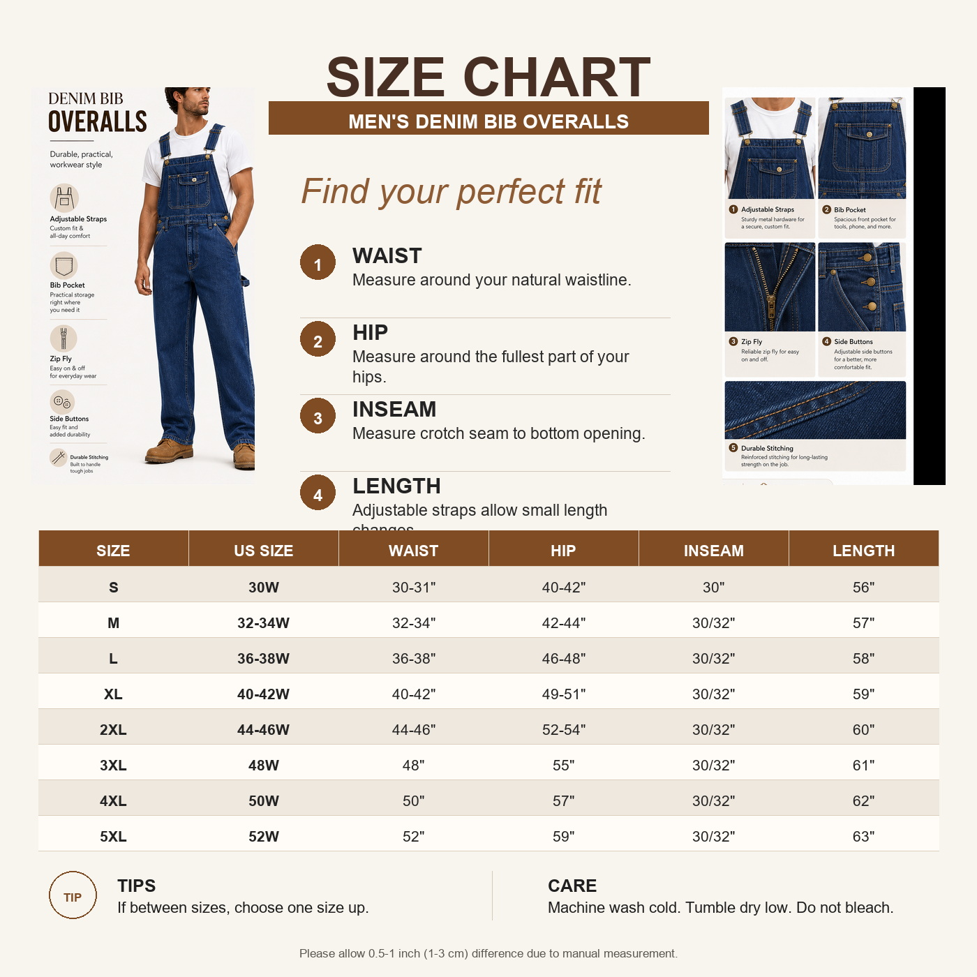 Men's Denim Bib Overalls Regular Fit Workwear size chart