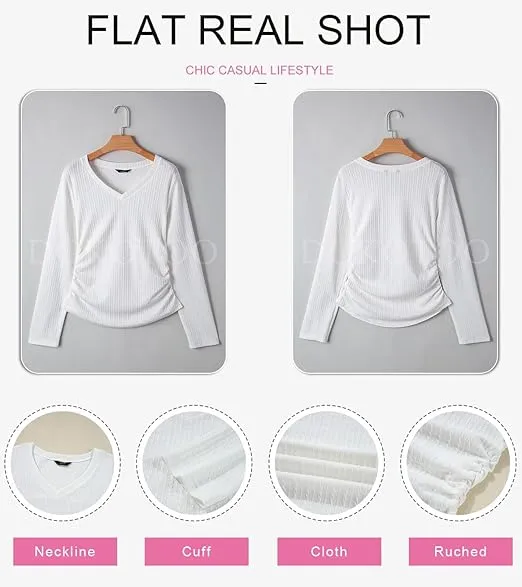 Womens Tops Casual V Neck Long Sleeve Shirts for Women Fashion Solid Ruched Basic Tunics Blouses