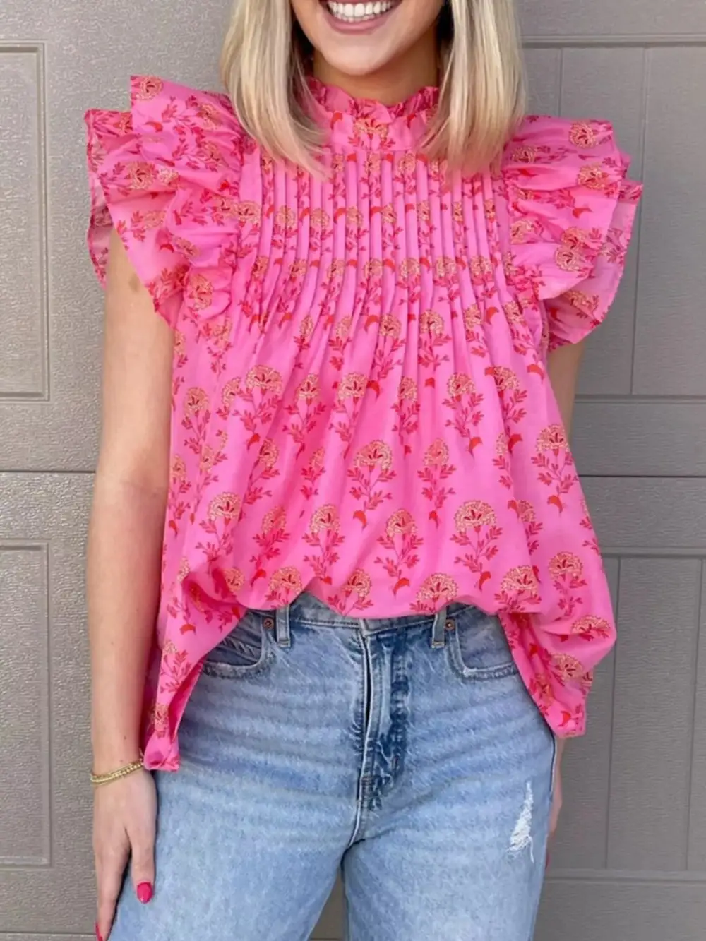 Floral Print Pleated Ruffled Flutter Sleeve Blouse