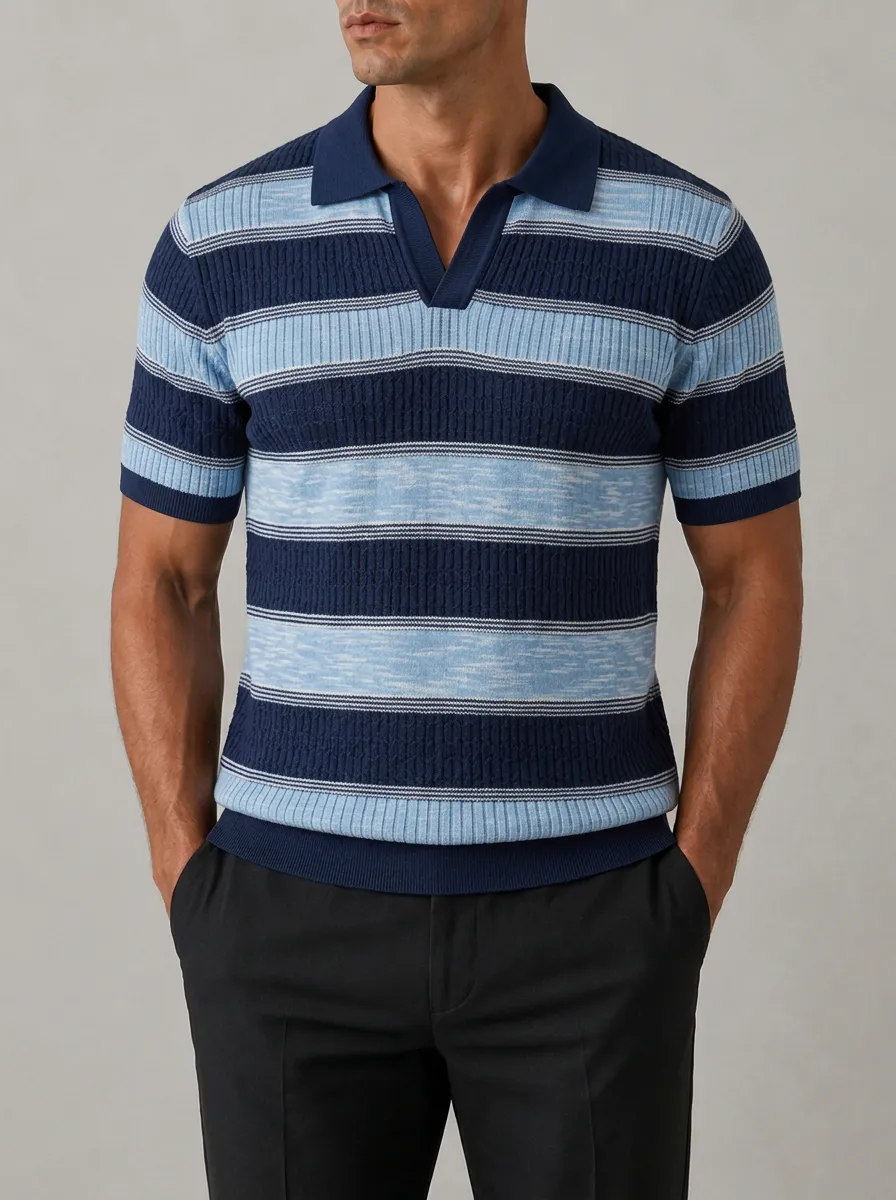 Men's Casual Vintage Blue Striped Knitted Polo Shirt