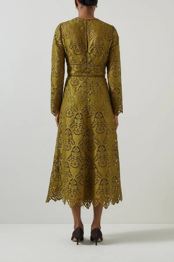 Olive Green Lace Detailed Long Sleeve Dress