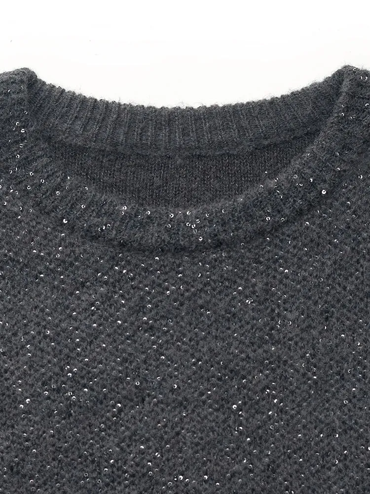 Charcoal Grey Wool Blend Sequins Women Sweater