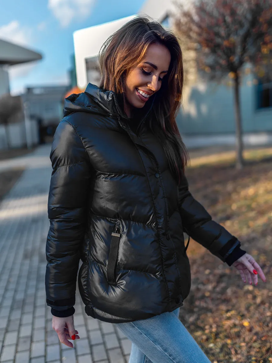 women's black quilted winter jacket with hood