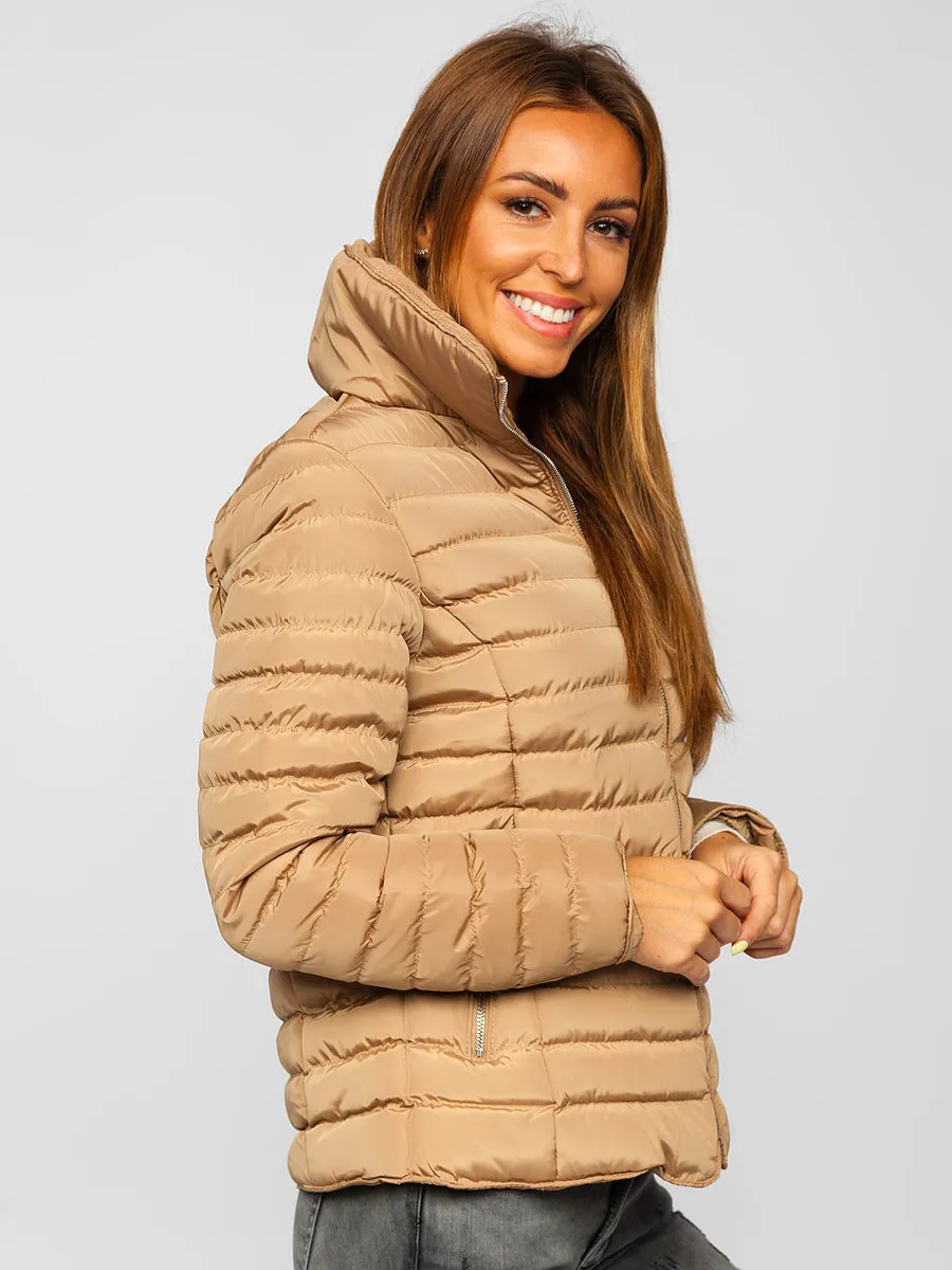Women's Brown Quilted Winter Jacket Without Hood