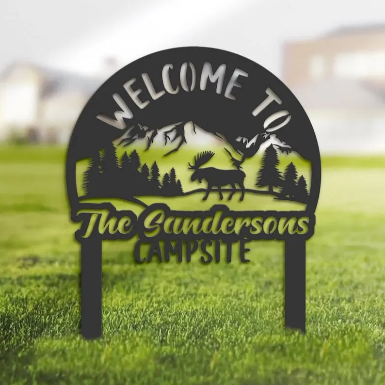 Mountain Welcome To Our Campsite Personalized Metal Garden Stake