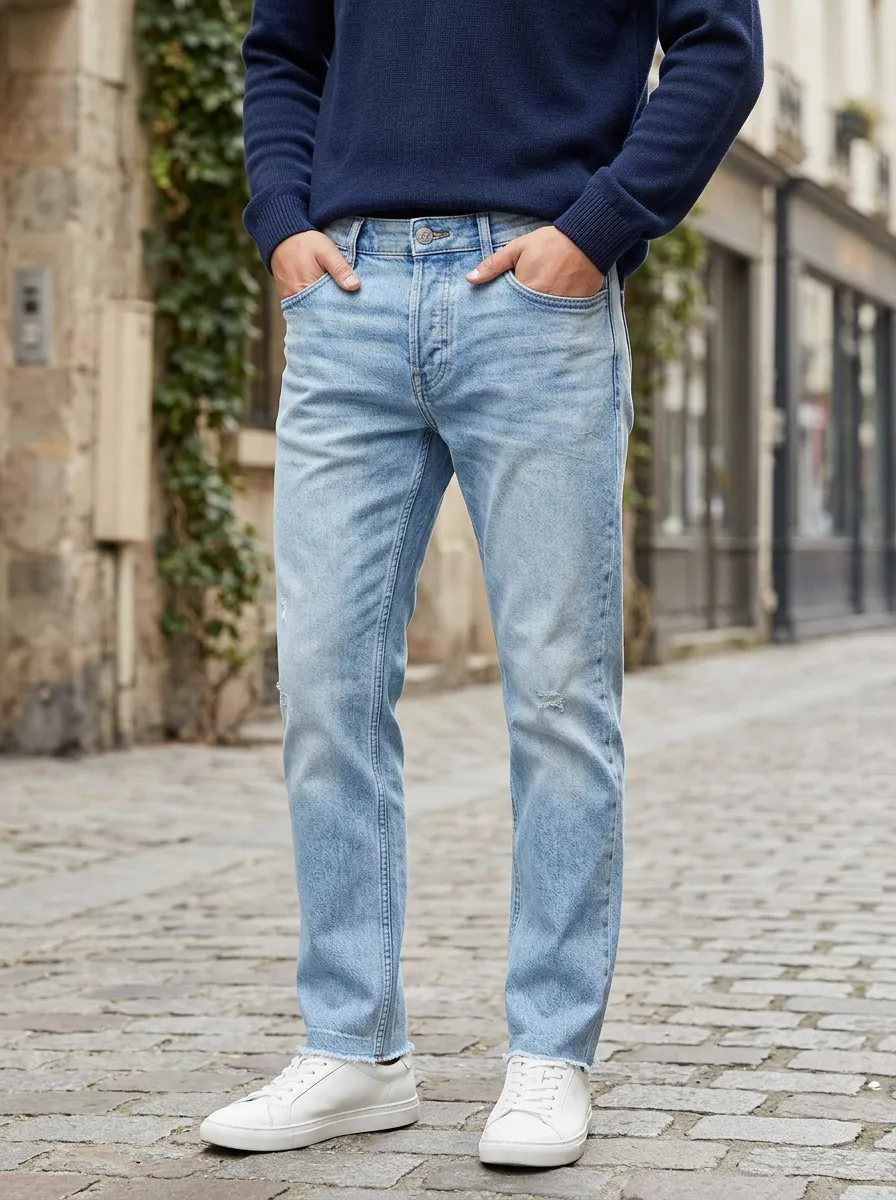 Men's Casual Light Wash Distressed Raw Hem Jeans