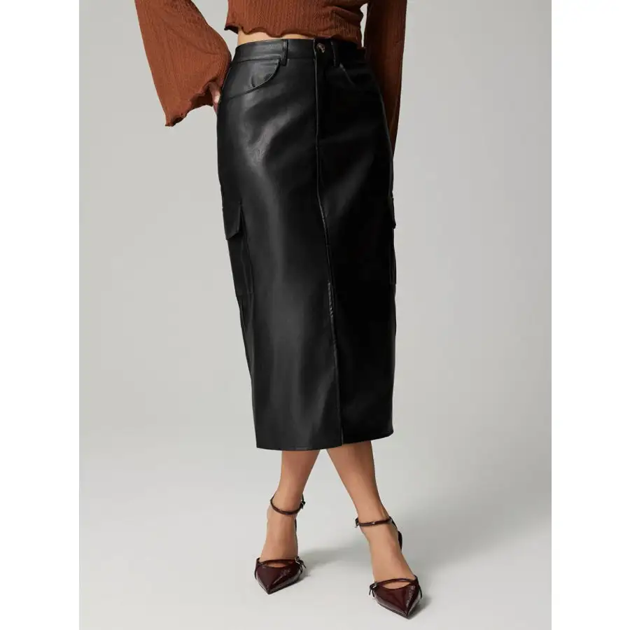 Slit Midi Skirt with Pockets