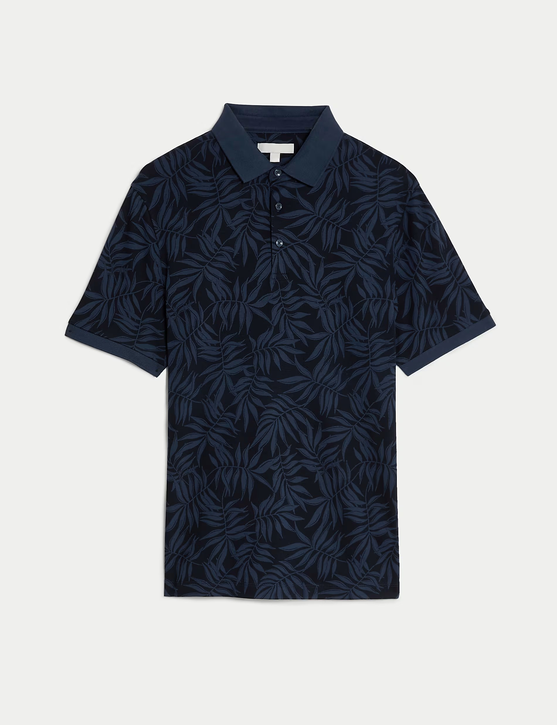 Navy Leaf Print Pure Cotton Polo Shirt