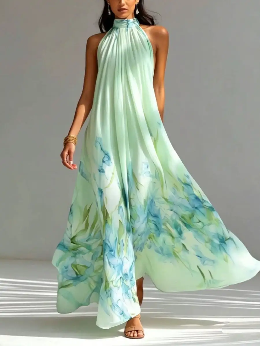 Print Pleated Sleeveless Neck Maxi Dress