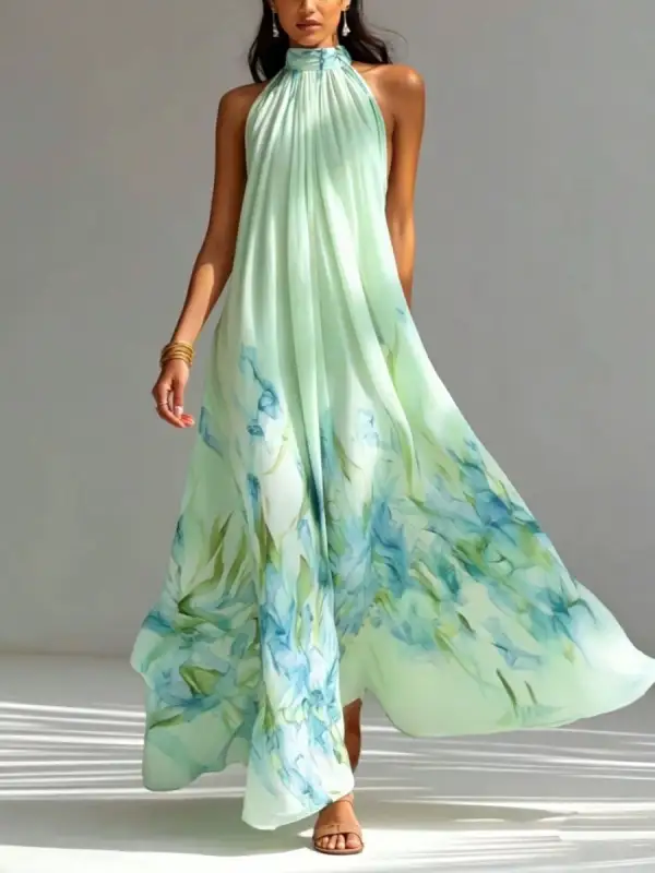 Print Pleated Sleeveless Neck Maxi Dress
