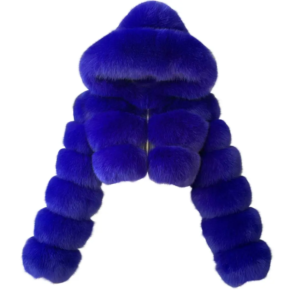 Blue Faux Fur Coat Women with Hood Cropped Bubble Coats Fleece Short Warm Jackets Plus Size Winter Coats for Women