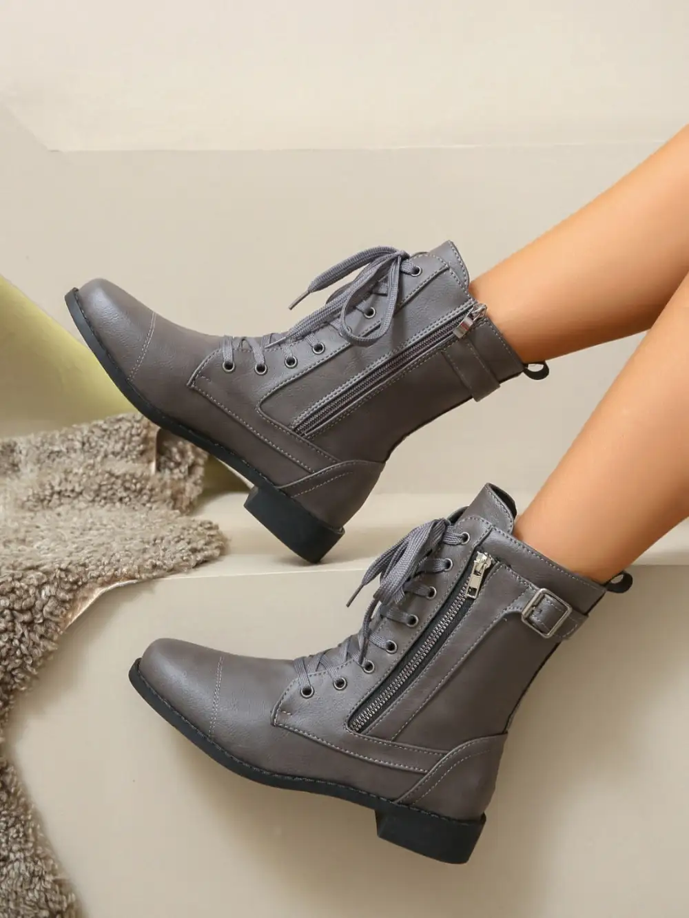 Pu Leather Lace-Up Boots