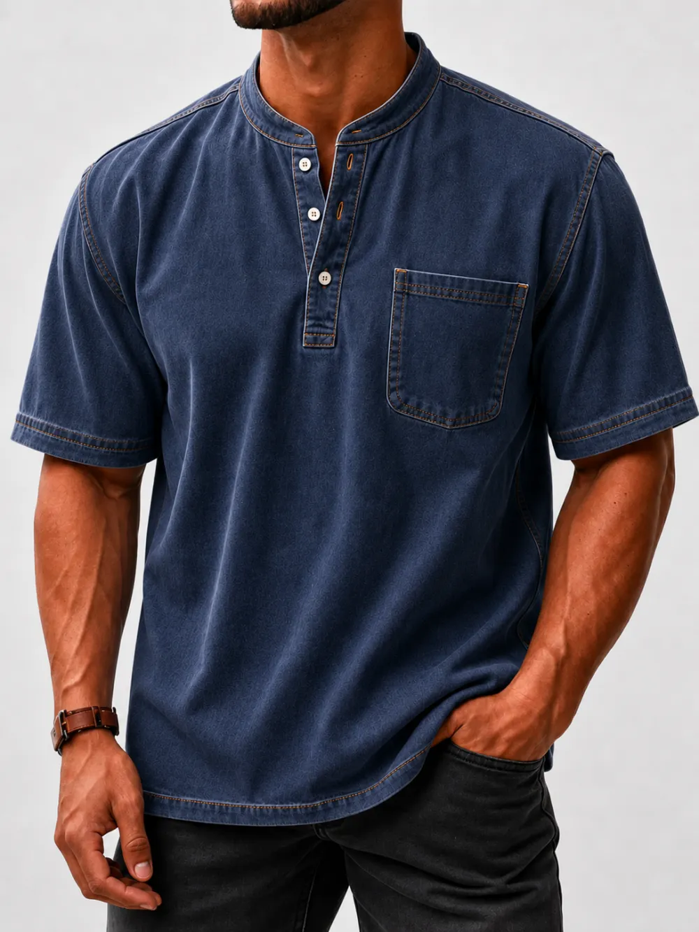 Men's Washed Stand Collar Henley Shirt