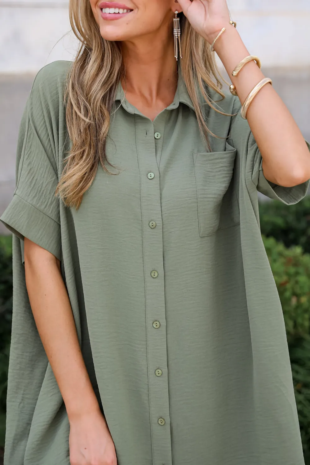 Green Button Front Midi Dress
