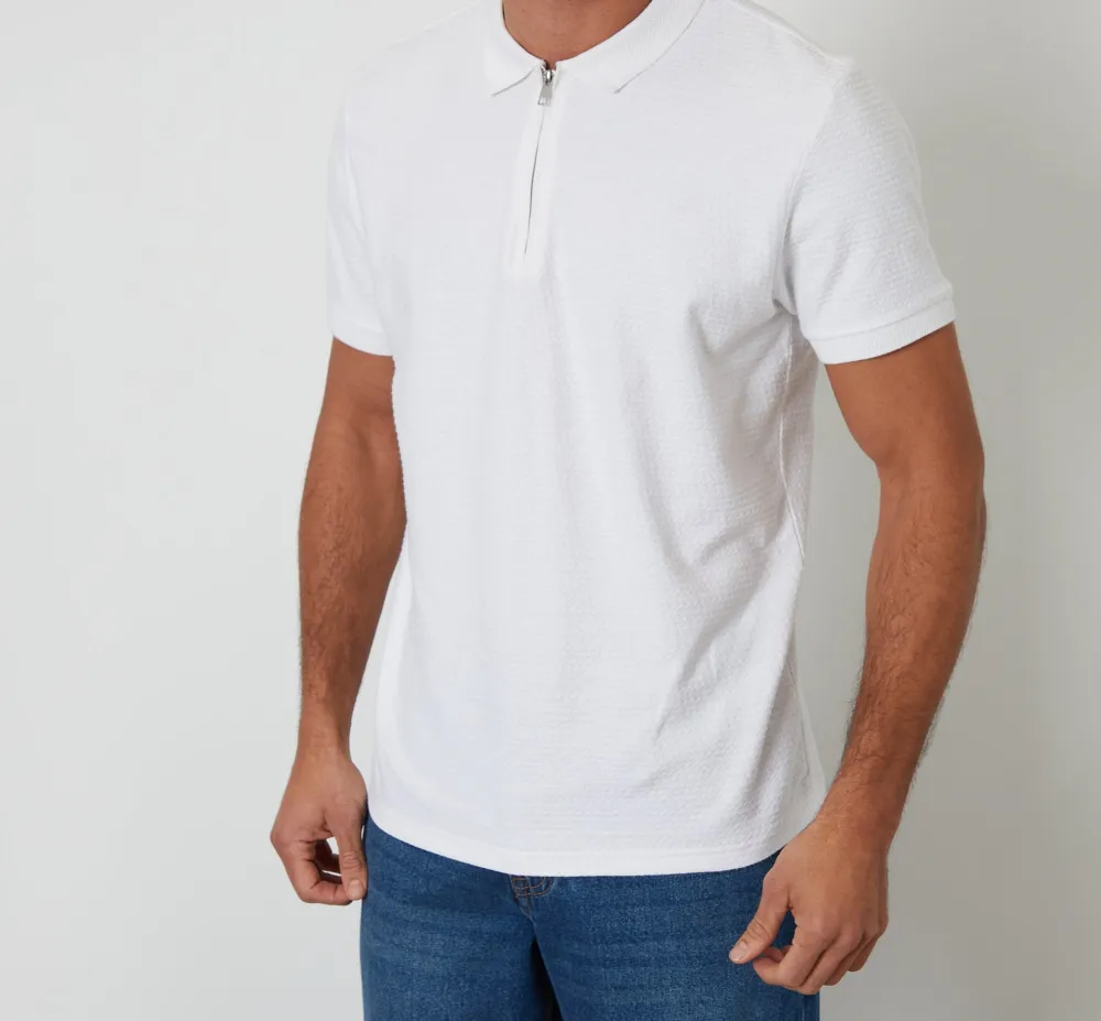 Men's White Textured Quarter-Zip Polo Shirt