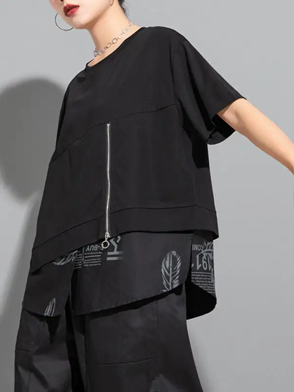 Layered Look Relaxed Printing Panel Detail Round Neck T-Shirt