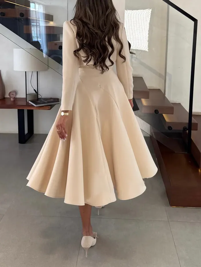 Elegant Long Sleeved Cropped Blazer And Midi Dress