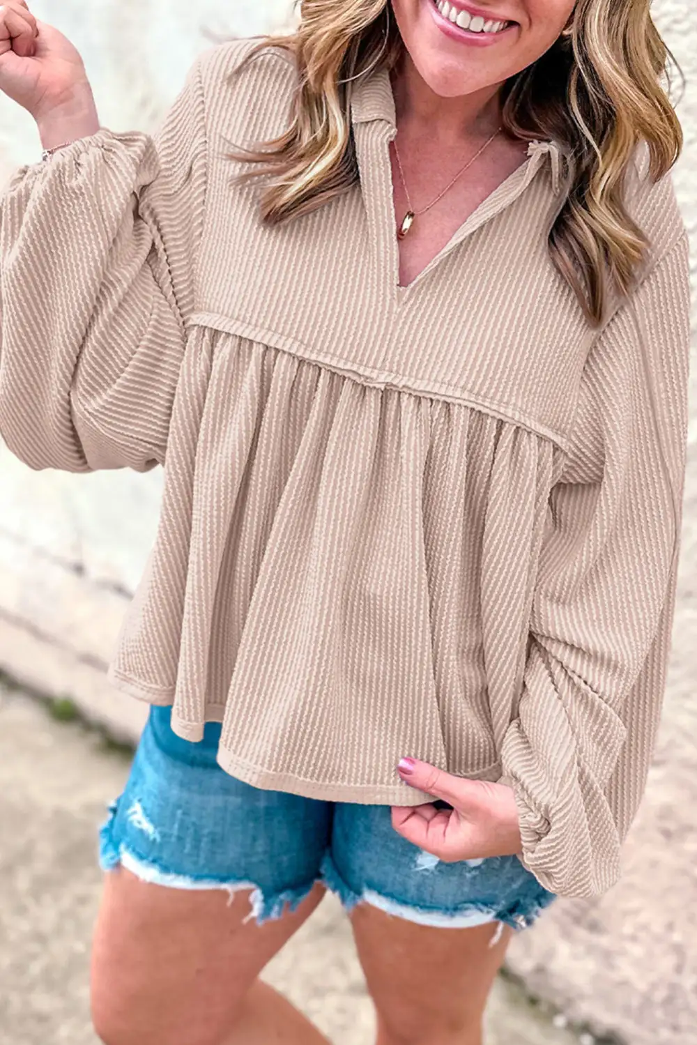 Classic Corded Turn Down V Neck Bubble Sleeve Babydoll Blouse