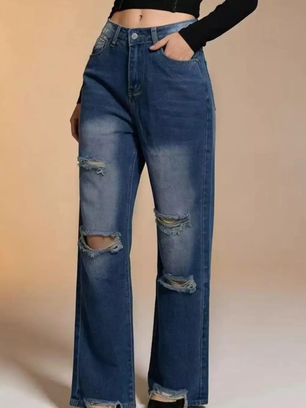 Classic Wide Leg Distressed Denim Jeans