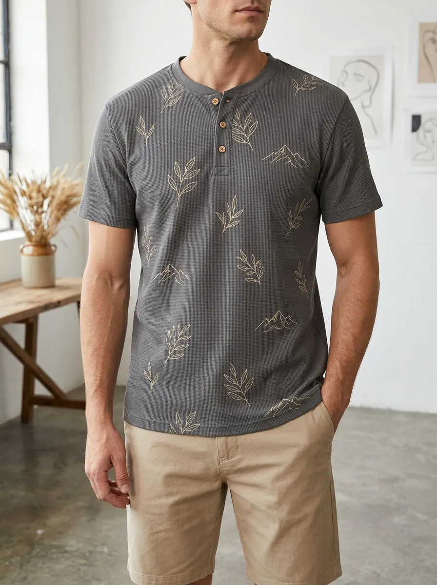 Men's Modern Nature Lover Mountain Leaf Henley T-Shirt