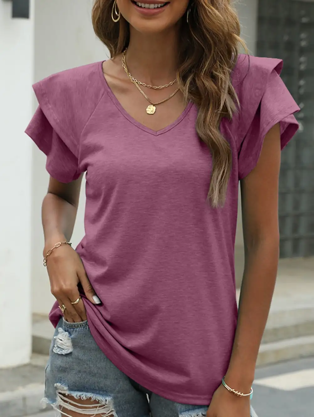 Solid Color V-Neck Ruffle Sleeve T-Shirt