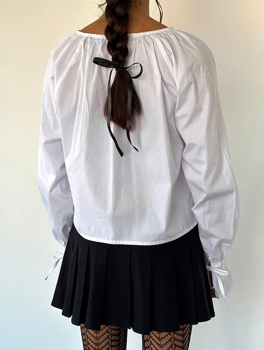 Tie Sleeve Blouse In White Poplin