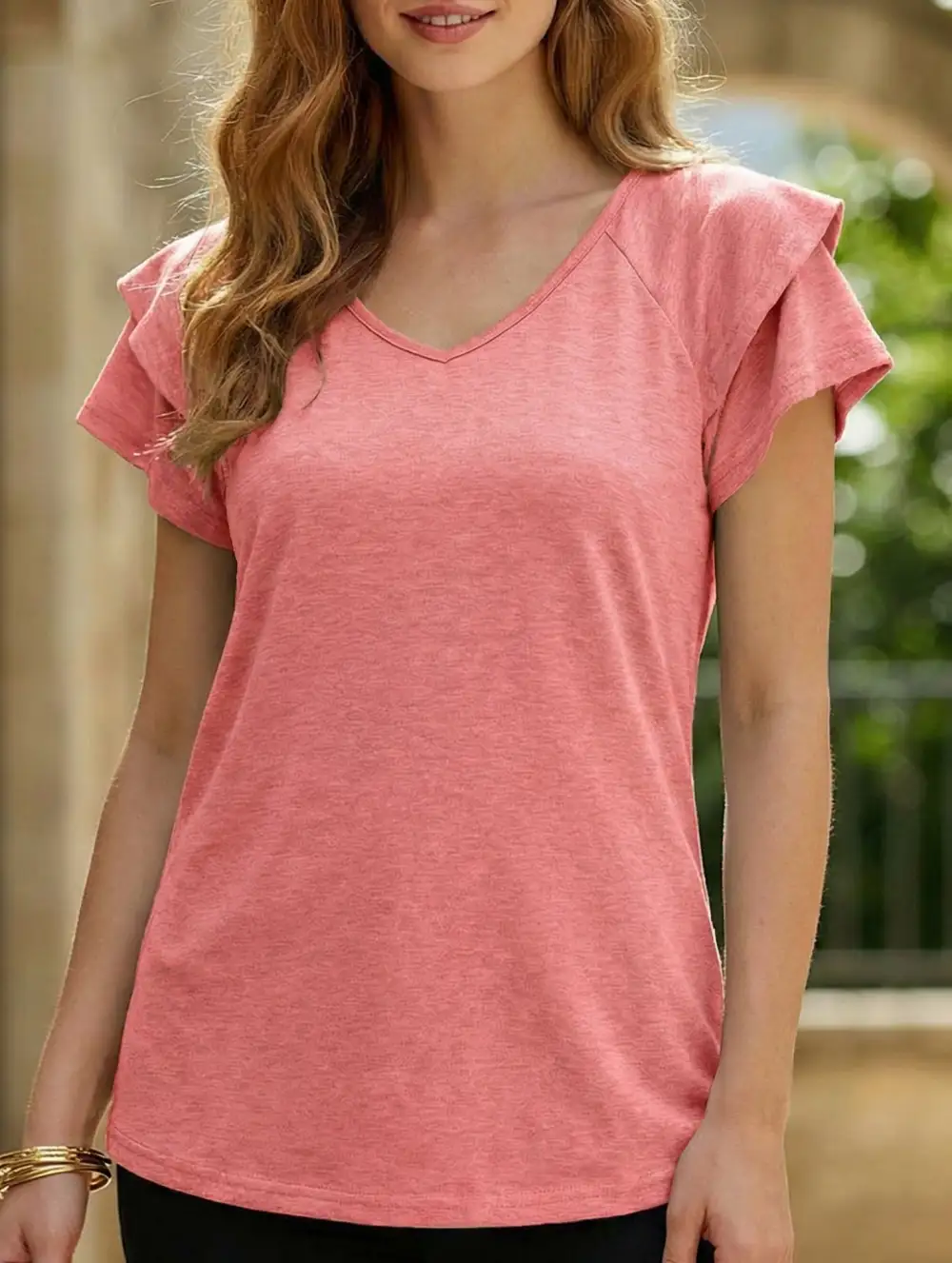 Solid Color V-Neck Ruffle Sleeve T-Shirt