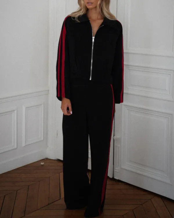 Minimalist Striped Lapel Zip Set