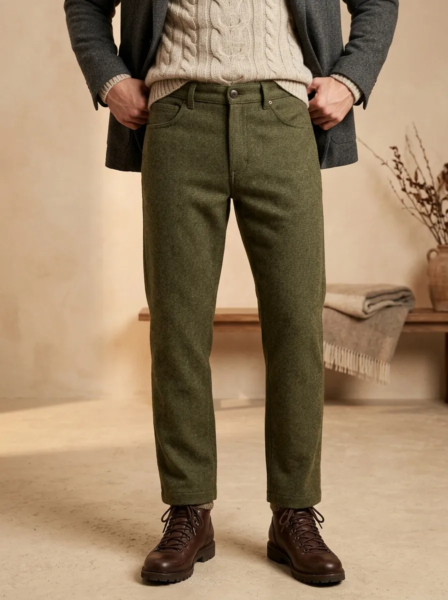 Men's Leisure Warm Herringbone Button-Fly Pants