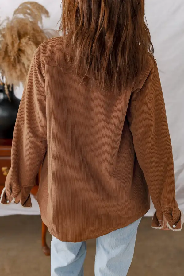 Cinnamon Fleece Lined Button Flap Pockets Corduroy Jacket