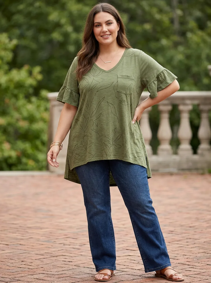 Women's Plus Size Botanical Leaf Printed V-Neck Loose T-Shirt