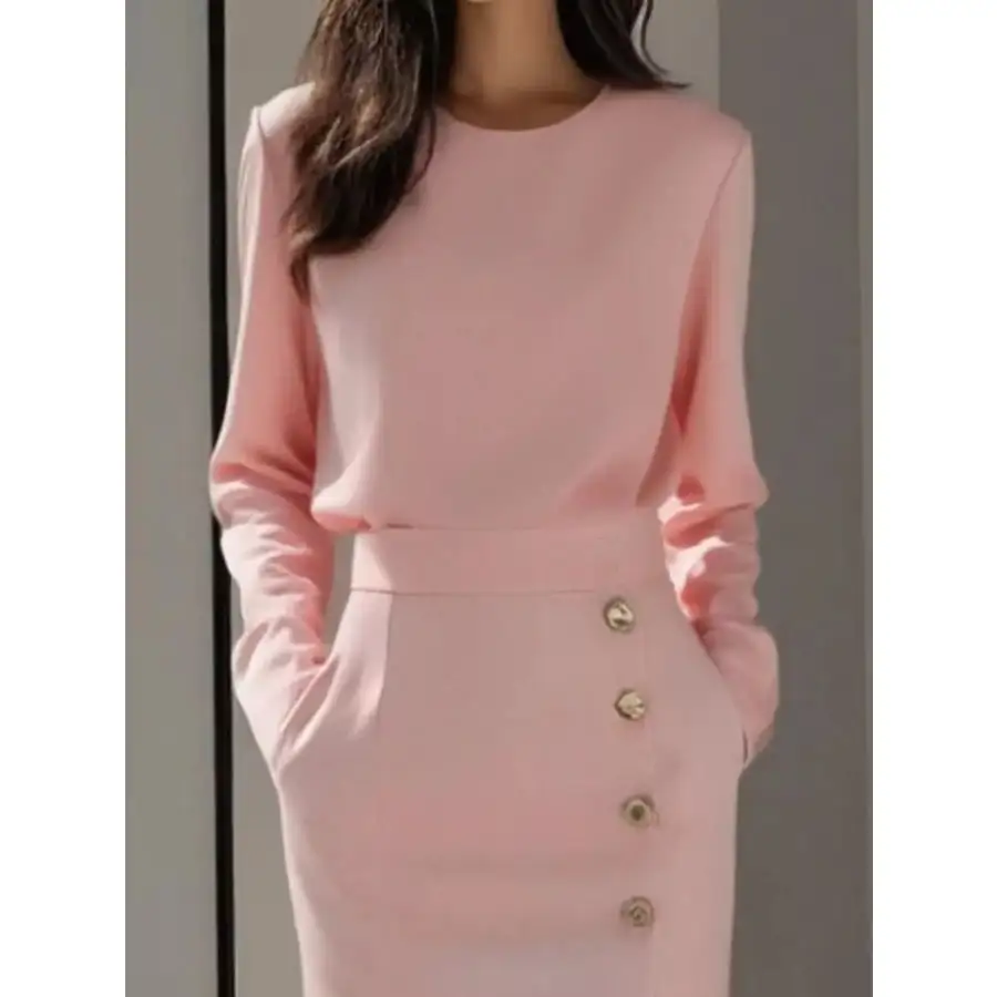 Long Sleeve Button Detail Midi Dress with Side Slit