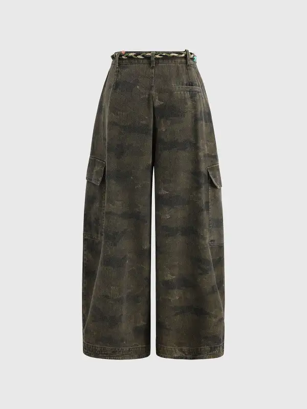 Wide-Leg Printed Cargo Pants