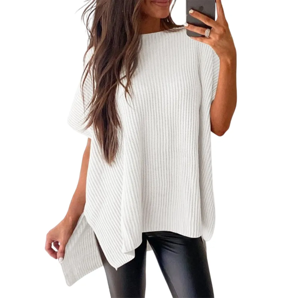 2025 Fall Clothing Women's Oversized Knit Top, Casual Crew Neck Drop Shoulder Loose Fit Short Sleeve Pullover Sweater with Side Slit