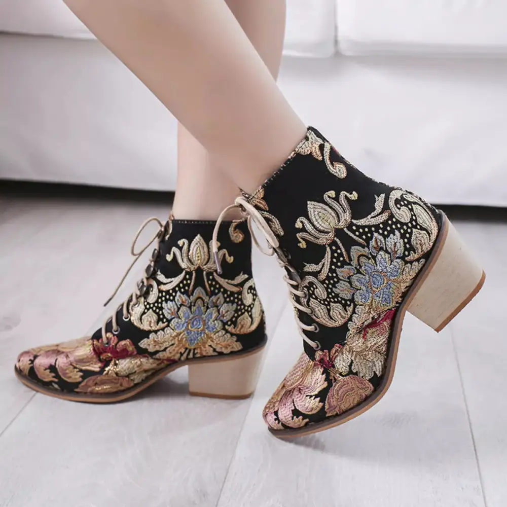 Embroidered Floral Lace Up Ankle Boots