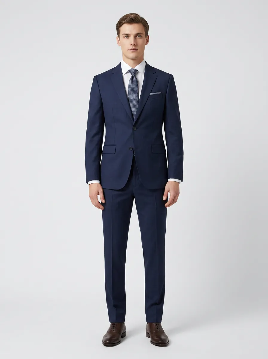 Men's Business Formal Navy Blue Solid Color Two-Piece Suit