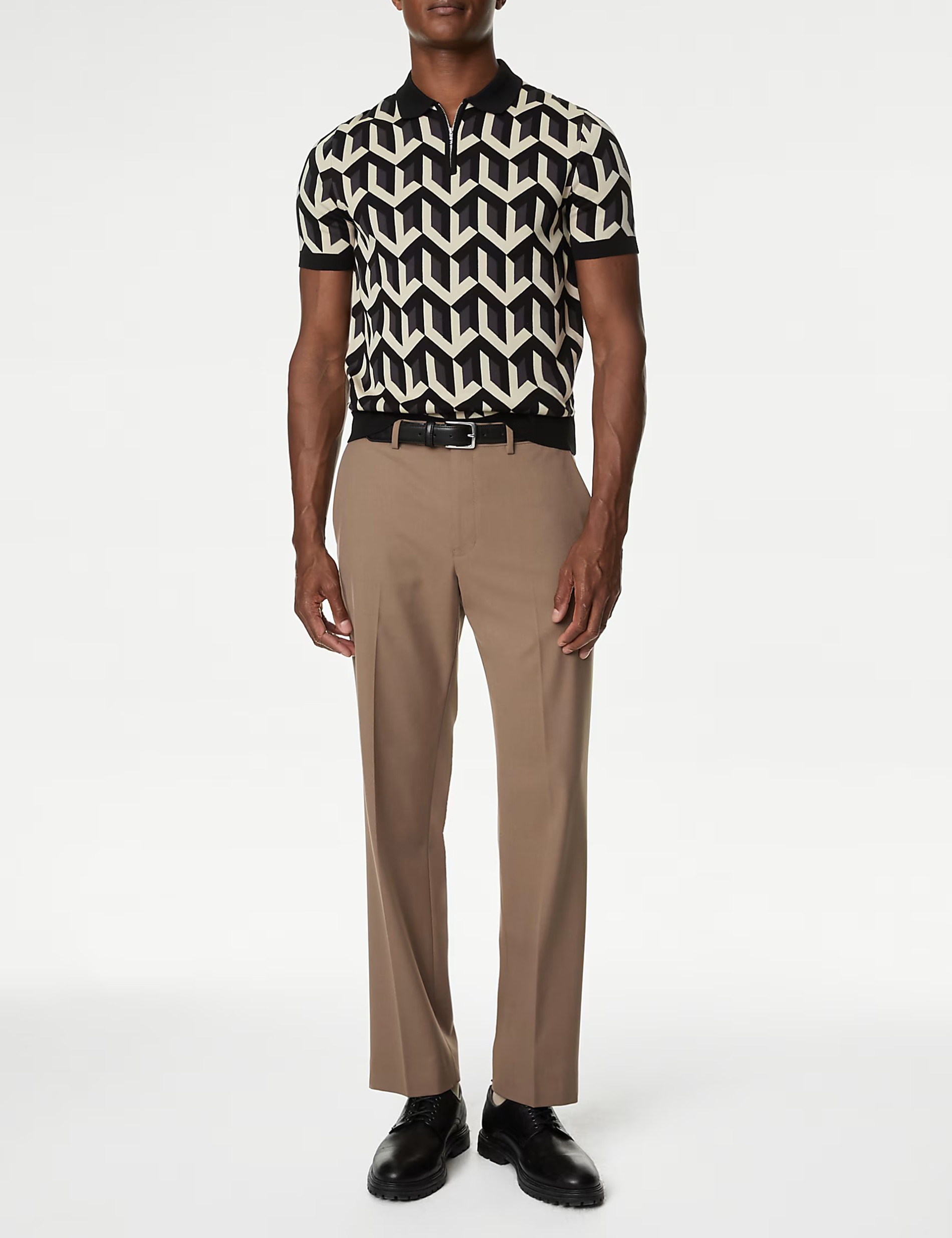 Men's Black Geometric Short Sleeve Polo Shirt