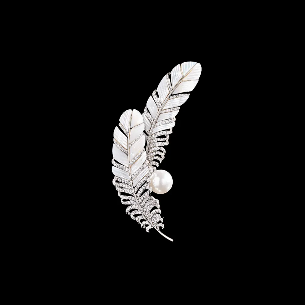 Double Feather Pearl Brooch