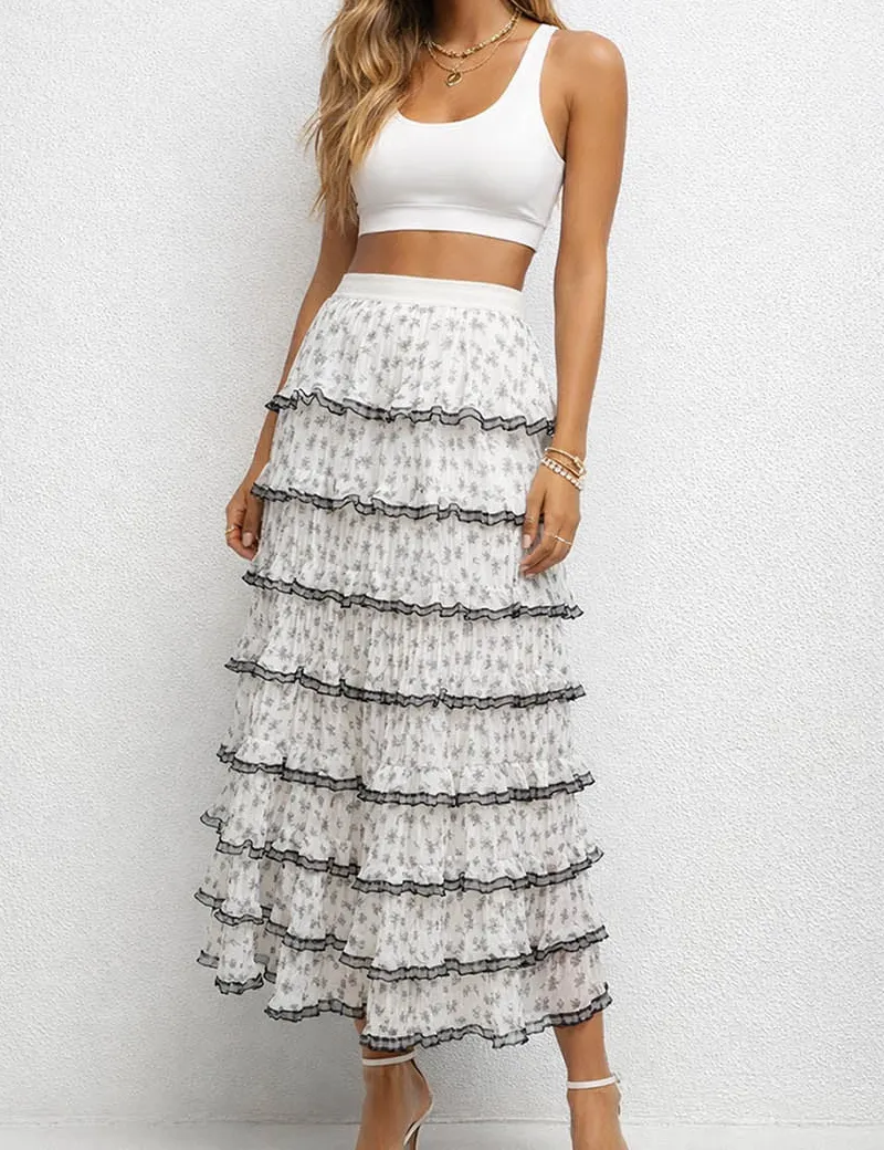 Color Block Tiered Ruffle Hem Mesh Maxi Skirt