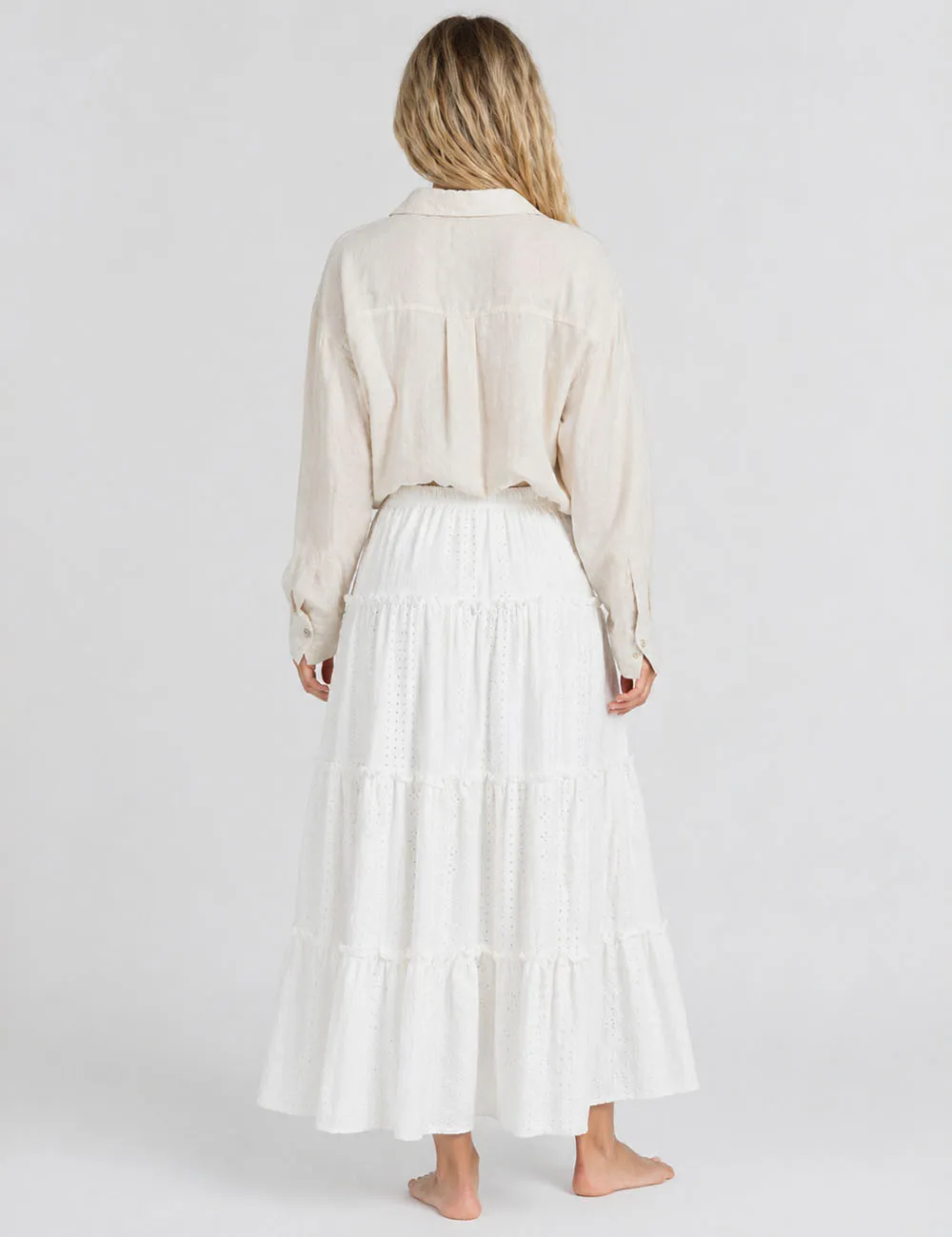 Solid Color Eyelet Tiered Ruffle Maxi Skirt