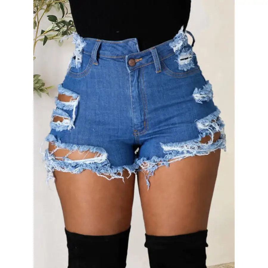 Distressed Raw Hem Denim Shorts with Pockets