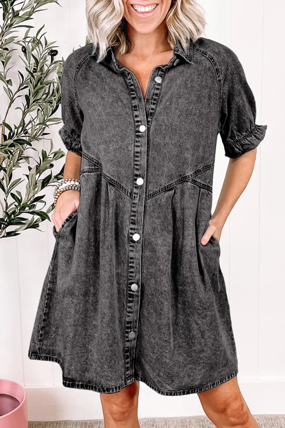 Harbor Denim Look Ruffle Trim Button Front Mini Dress