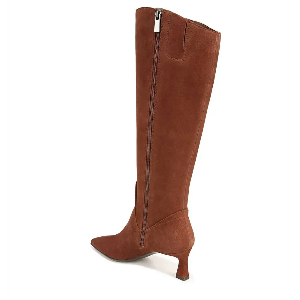 Faux-Suede Zip-Up Pull-On Kitten-Heel Knee-High Boots