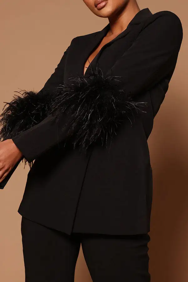 Feather Trim Stylish Pant Suit