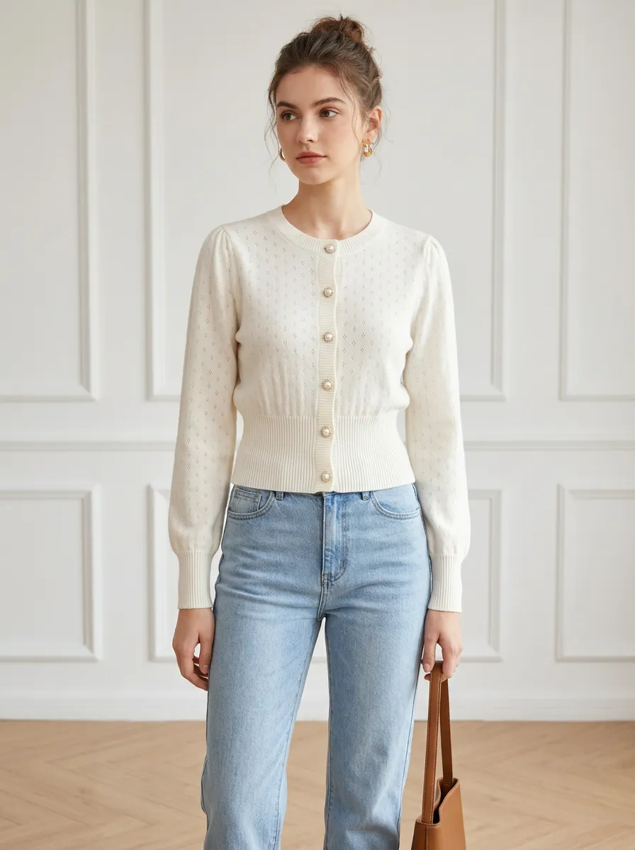 Women's Elegant Pearl Button Pointelle Knit Cardigan