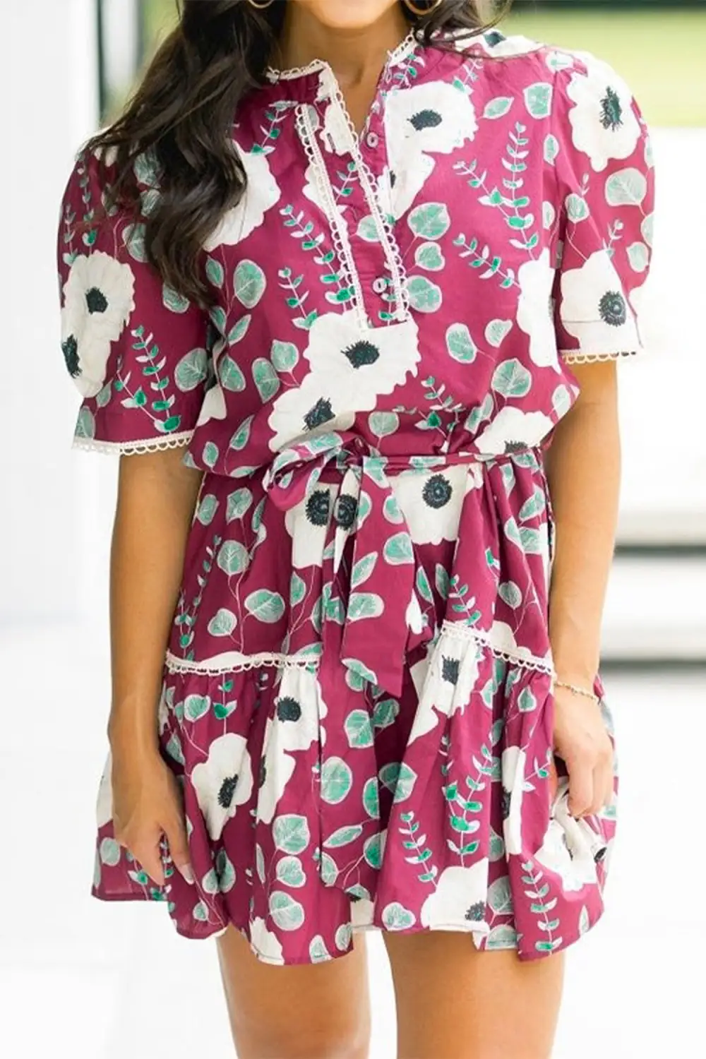 Gathered Detail Floral Printed Puff Sleeve Mini Dress