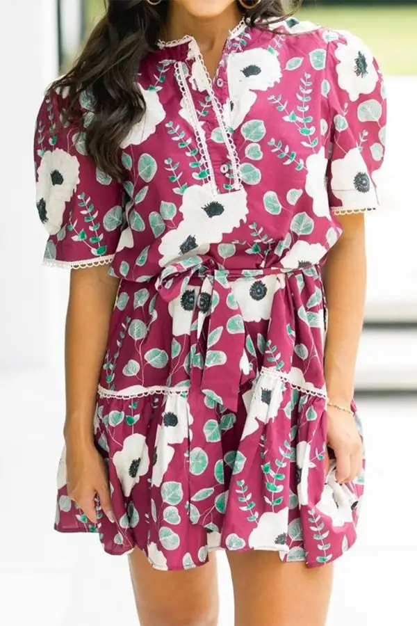 Gathered Detail Floral Printed Puff Sleeve Mini Dress